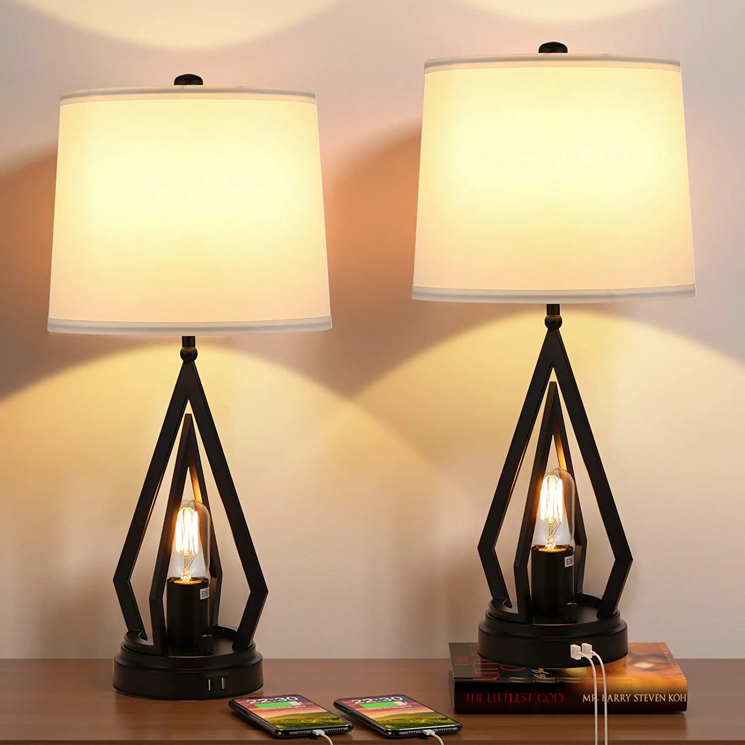 Table Lamps for Living Room Set of 2 - Farmhouse Bedroom Lamps for Nightstand with USB Ports, Black Bedside Lamps for End Table (4 Bulbs Included)