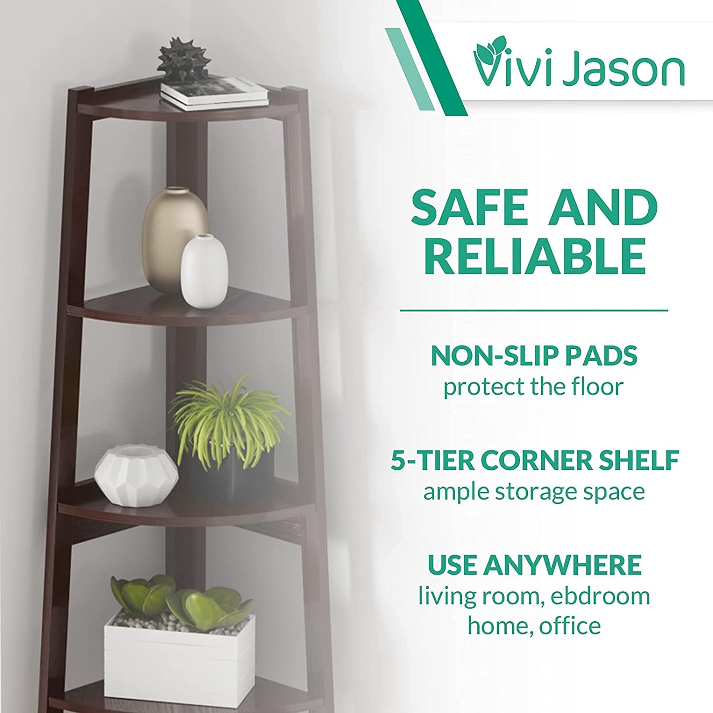 5 Tier Corner Shelf – Modern Wall Corner Storage Rack Plant Stand Small Bookshelf - Freestanding Ladder Shelf Display Organizer for Living Room, Kitchen, Home Office, Small Space (Coffee)