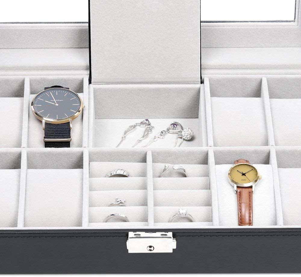 Watch Box, 8 Slots Lockable Leather Watch Case Organizer with Ring Storage for Women Men, Black