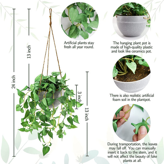 Hanging Plant Fake Hanging Plants with Pots, 2 Pack Artificial Hanging Plants, Faux Anthurium Leaf Hanging Basket Plant for Wall Home Room Indoor Outdoor Decor