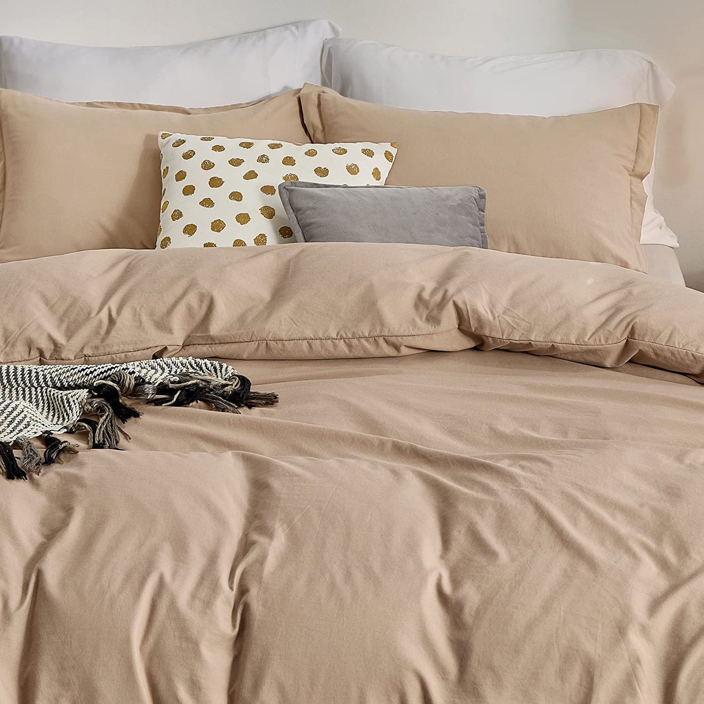 Khaki Duvet Covers Queen Size - Washed Duvet Cover, Soft Queen Duvet Cover Set 3 Pieces with Zipper Closure, 1 Duvet Cover 90X90 Inches and 2 Pillow Shams (No Comforter)