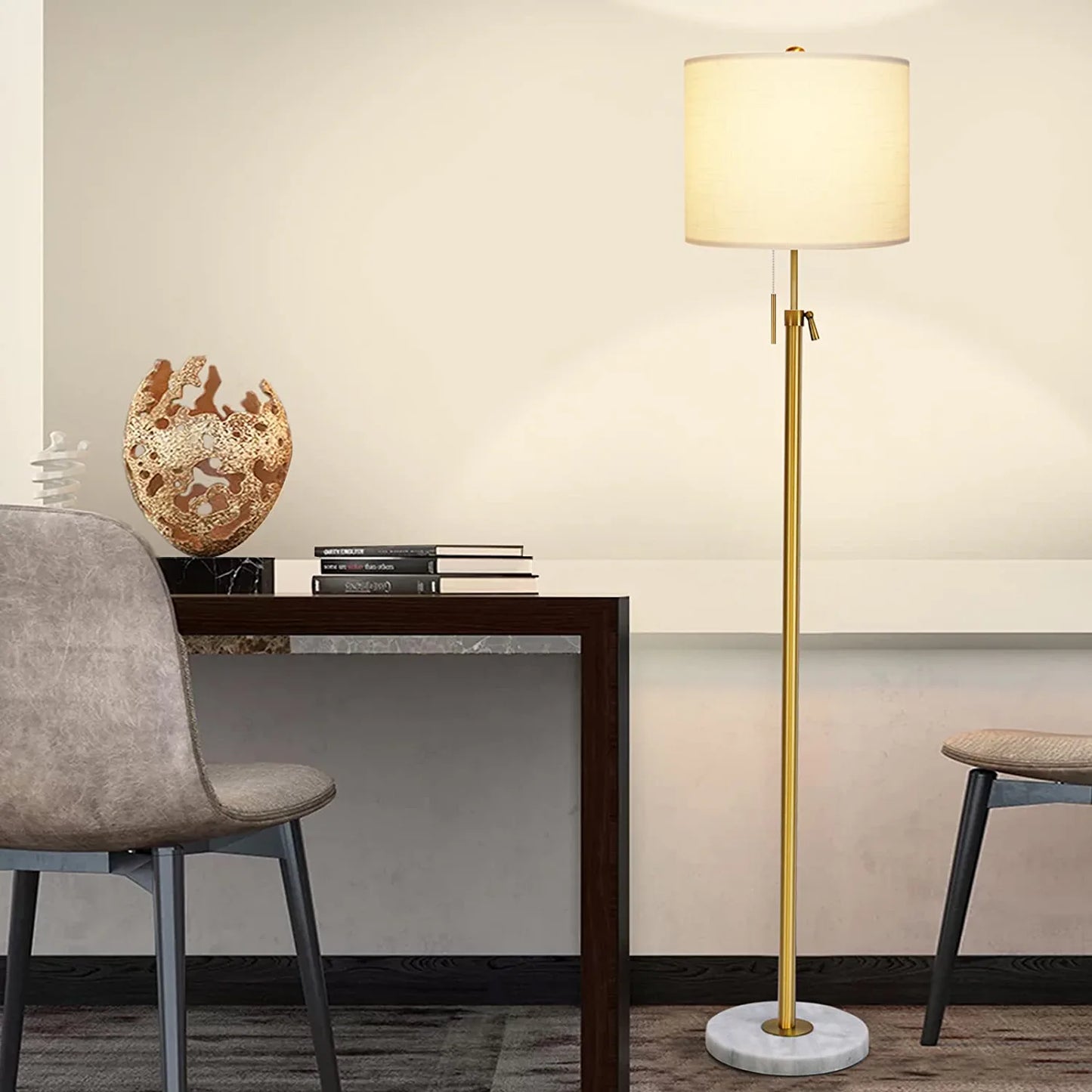 Modern Floor Lamp for Living Room, Adjustable Height Standing Lamp with Marble Base,3-Way Dimmable Gold Brass Tall Pole Light with White Linen Shade for Reading,Bedroom,Pull Chain Switch,Bulb Included