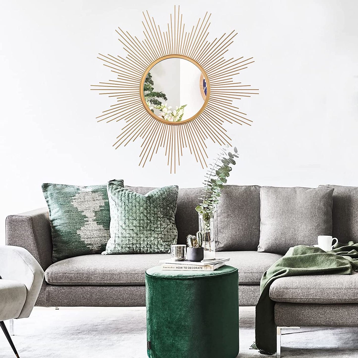 24'' Large Gold Sunburst Wall Mirror Boho Home Decor round Wall Art Mirror for Living Room/Bedroom/Bathroom/Entryway
