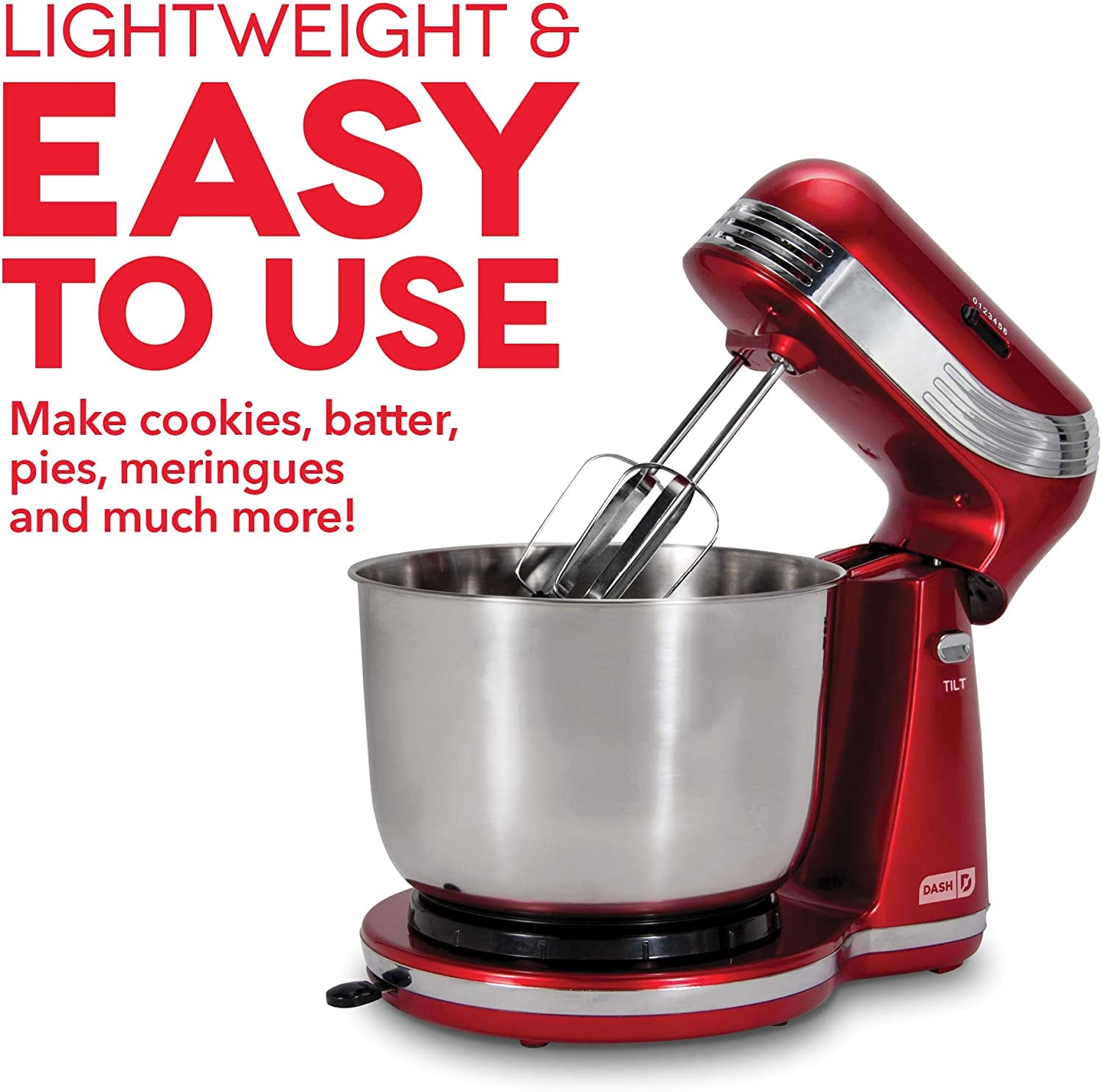 DASH Stand Mixer (Electric Mixer for Everyday Use): 6 Speed Stand Mixer with 3 Qt Stainless Steel Mixing Bowl, Dough Hooks & Mixer Beaters for Frosting, Meringues & More - Red, DCSM250RD