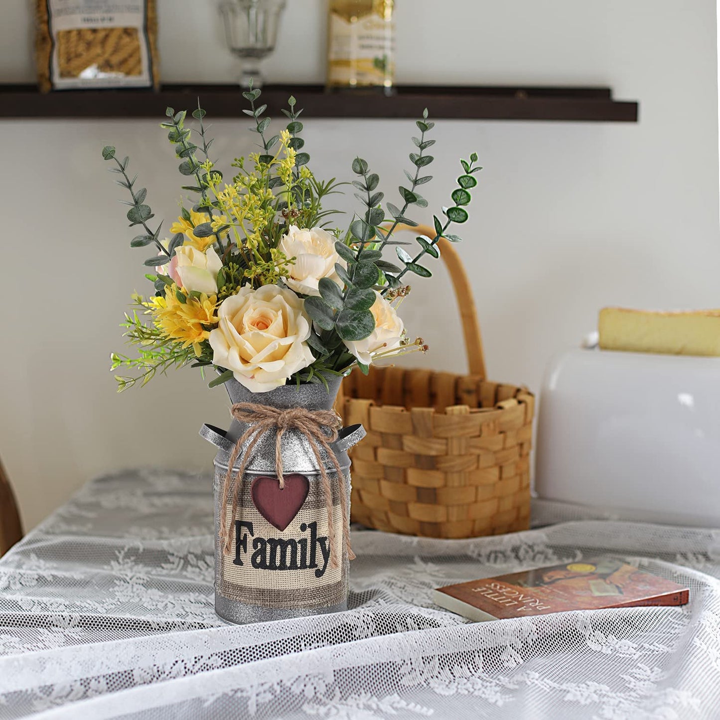 Metal Flower Vase Milk Can Rustic Style with Rose & Eucalyptus Shabby Chic Metal Vase for Rustic Home Dining Table Centerpieces Decor (Yellow, 1)