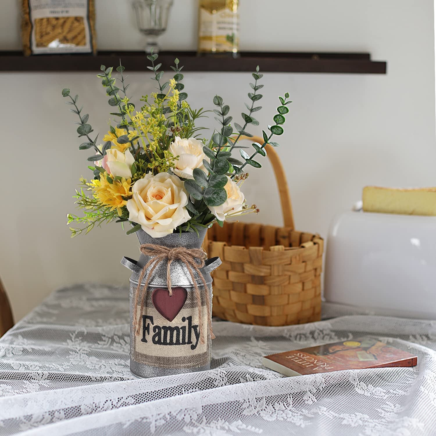 Metal Flower Vase Milk Can Rustic Style with Rose & Eucalyptus Shabby Chic Metal Vase for Rustic Home Dining Table Centerpieces Decor (Yellow, 1)