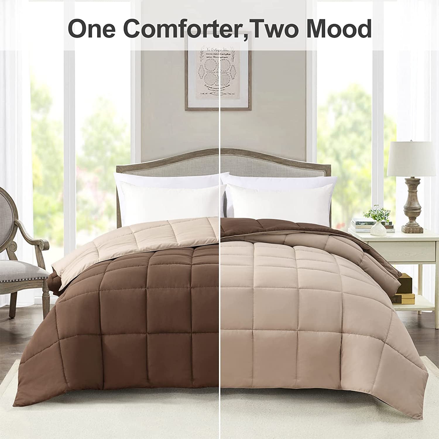 Queen Lightweight Comforter Brown - All Season down Alternative Bed Comforter Summer Duvet Insert Quilted Reversible Comforters Full / Queen Size Chocolate Brown / Beige