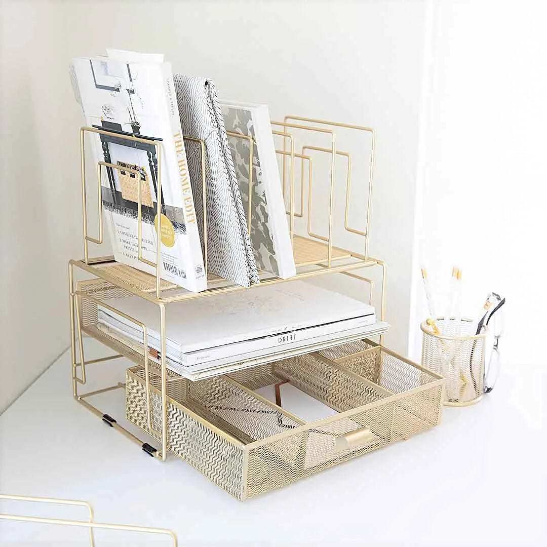 Gold Desk Accessories and Workspace Organizers, Desktop Organizer - Cute File Organizer for Desk and Drawer Storage for Office Supplies, Paper, Device and Folders - File Holder