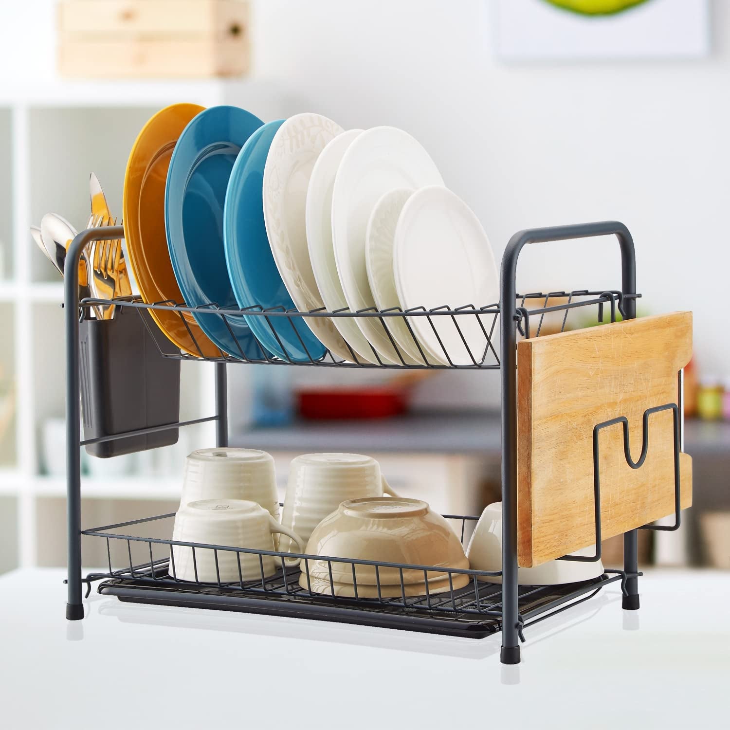 Dish Rack, 2 Tier Dish Drying Rack Kitchen Organizer with Drain Board, Utensil Holder, Cutting Board Holder, Gray