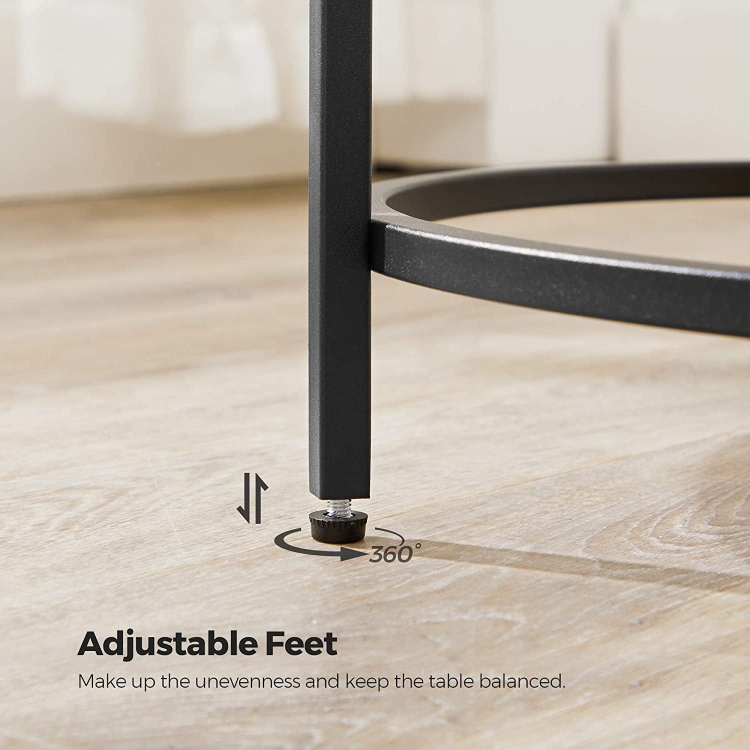 round Side Table, Glass End Table with Metal Frame, Small Coffee Accent Table, Bedside Table, Modern Style, for Living Room, Balcony, Bedroom, Black ULGT020B01