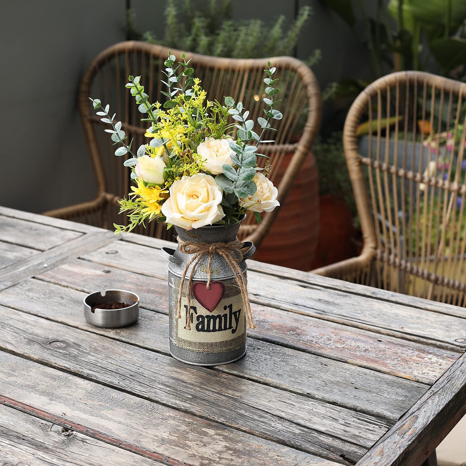 Metal Flower Vase Milk Can Rustic Style with Rose & Eucalyptus Shabby Chic Metal Vase for Rustic Home Dining Table Centerpieces Decor (Yellow, 1)
