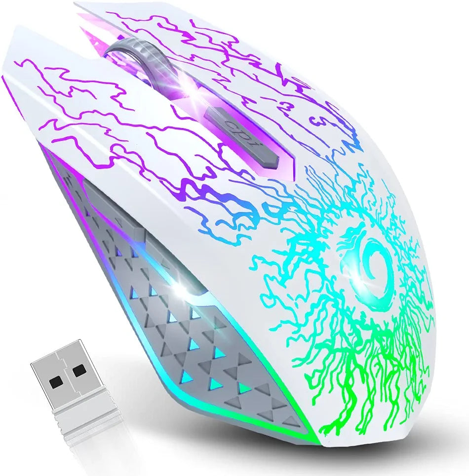 Wireless Gaming Mouse, Rechargeable Computer Mouse Mice with Colorful LED Lights, Silent Click, 2.4G USB Nano Receiver, 3 Level DPI for PC Gamer Laptop Desktop Chromebook Mac -White