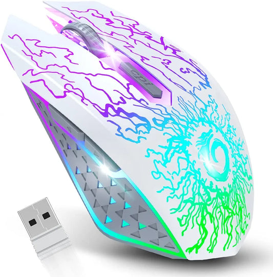 Wireless Gaming Mouse, Rechargeable Computer Mouse Mice with Colorful LED Lights, Silent Click, 2.4G USB Nano Receiver, 3 Level DPI for PC Gamer Laptop Desktop Chromebook Mac -White