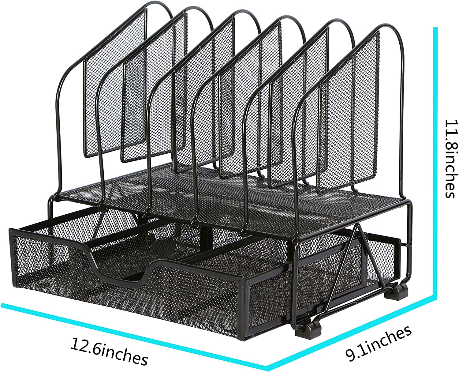 Desk Organizers and Accessories Storage with Drawer, Paper Tray and 5 Vertical File Folder Holders to Collect Office Supplies, Desktop Organizer for Workspace Home Office School, Black