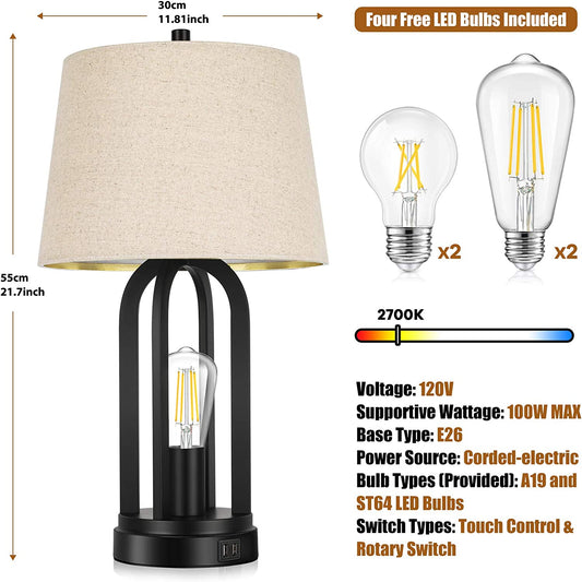 Touch Bedside Table Lamps with Rotary Switch Set of 2, 3-Way Dimmable Bedroom Living Room Lamps with USB Charging Ports, Industrial Nightstand Lamp with Fabric Lampshade for Reading, Bulbs Included