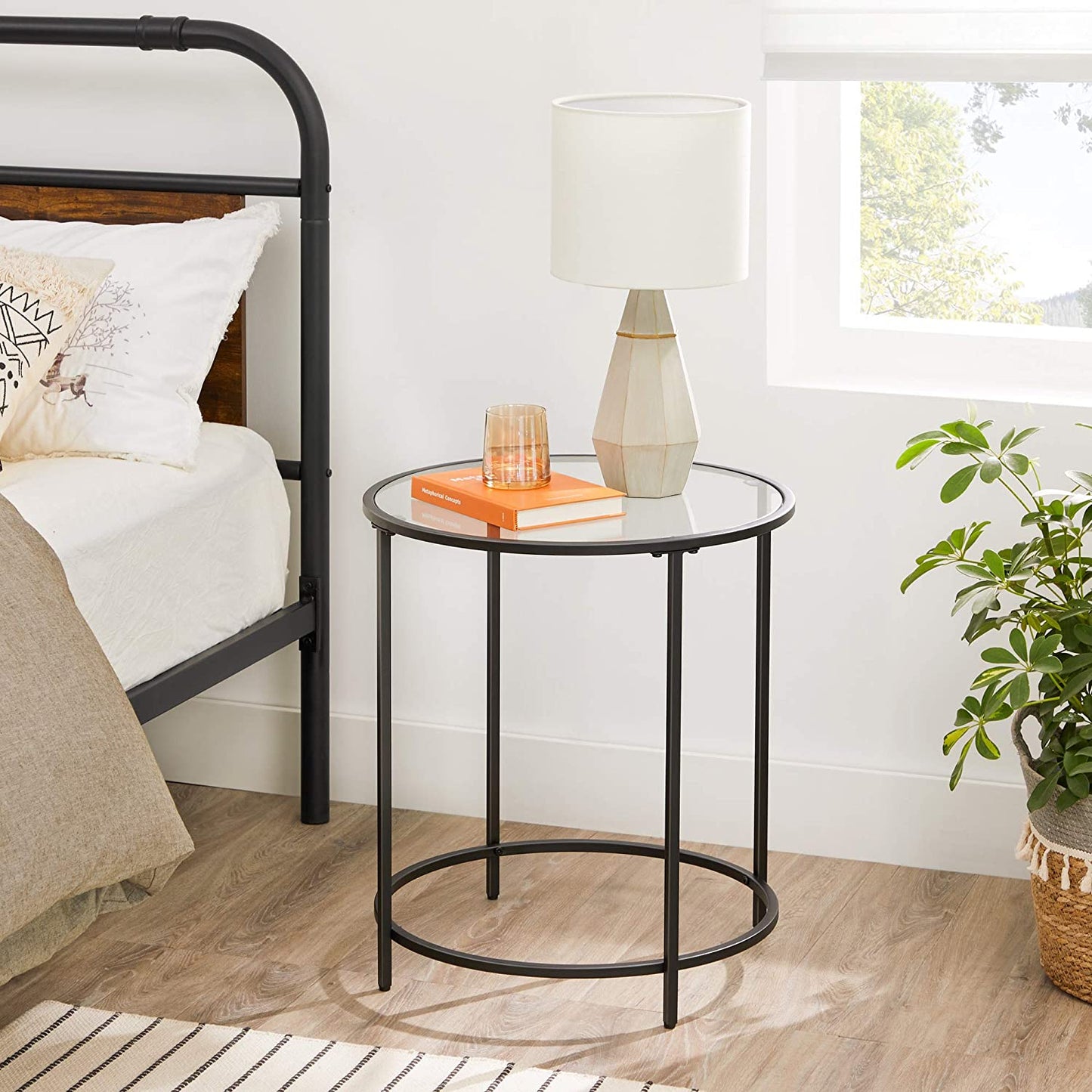 round Side Table, Glass End Table with Metal Frame, Small Coffee Accent Table, Bedside Table, Modern Style, for Living Room, Balcony, Bedroom, Black ULGT020B01
