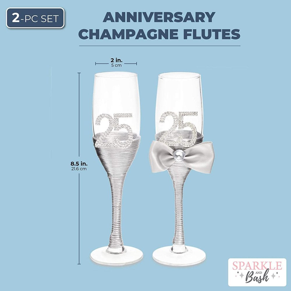 Set of 2 25Th Wedding Anniversary Champagne Flutes Glasses for Mr and Mrs Toasting Party Celebration Gift