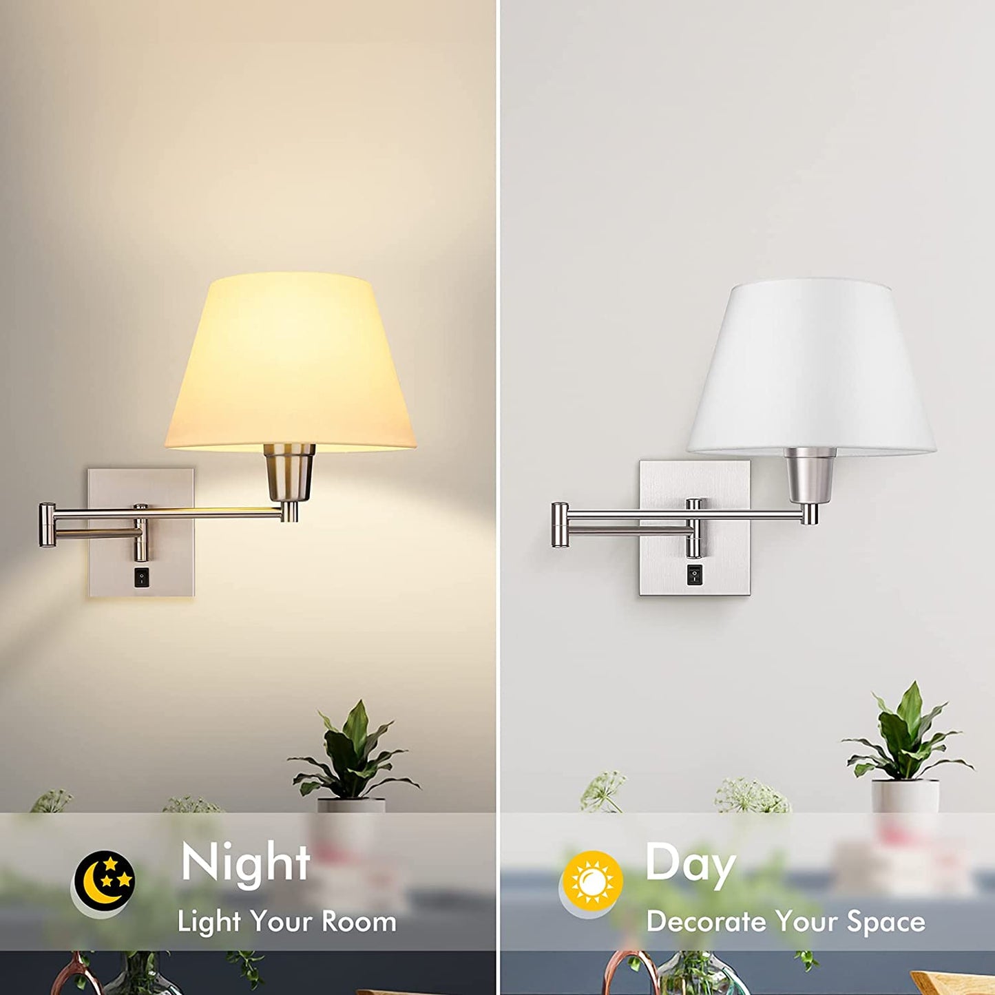 Swing Arm Wall Sconces Set of 2, Indoor Plug in Wall Lamp with White Fabric Shade Hardwired Wall Light Fixture with E26 Base Decor for Bedroom Living Room Porch Hallway Office