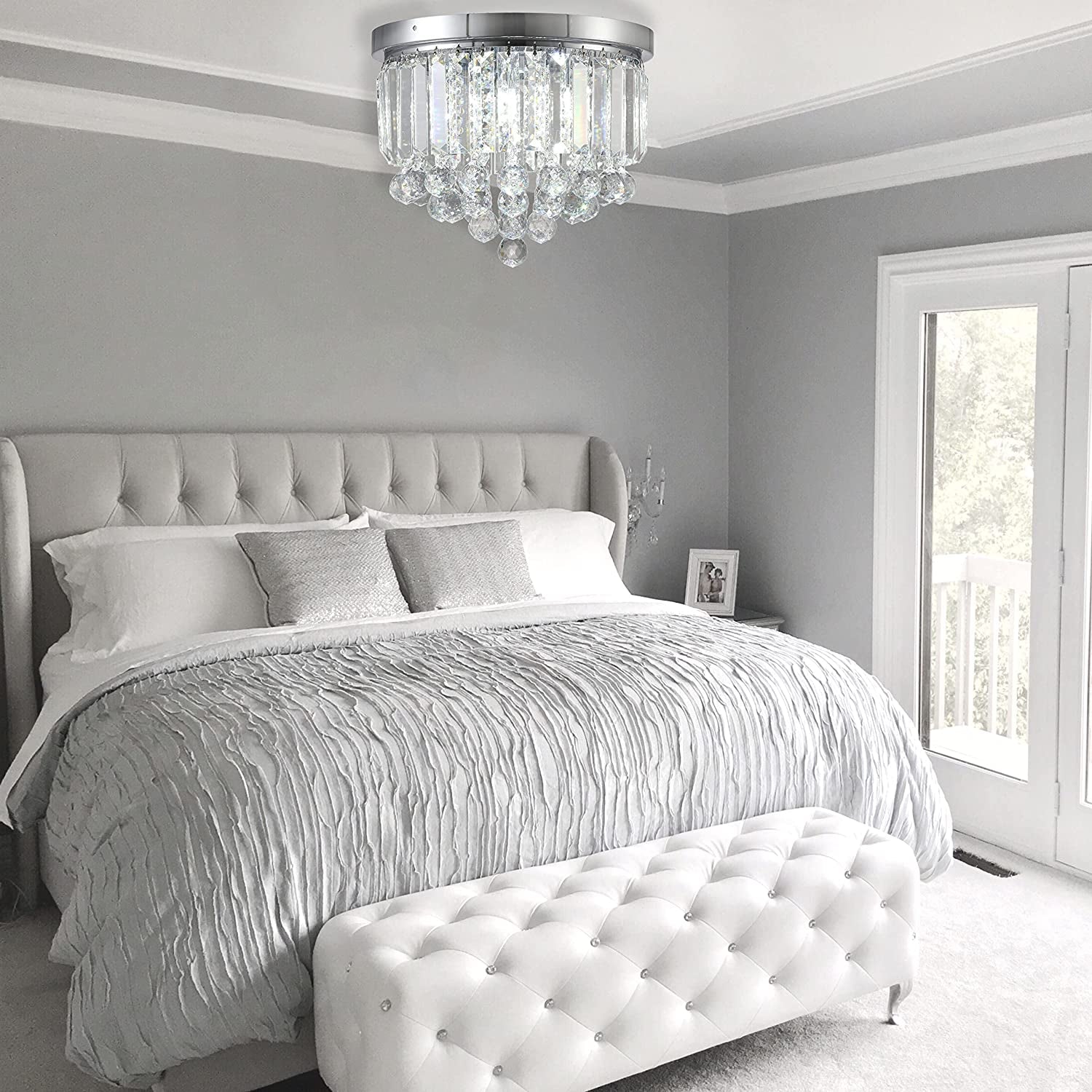 LOCLGPM 4 Light Luxury Glam Chrome Closet Mini Chandelier, Flush Mount Crystal Ceiling Light 11.8 Inch K5 Crystal Raindrop Silver Crystal Chandelier for Dining Room Bedroom Hallway Kitchen