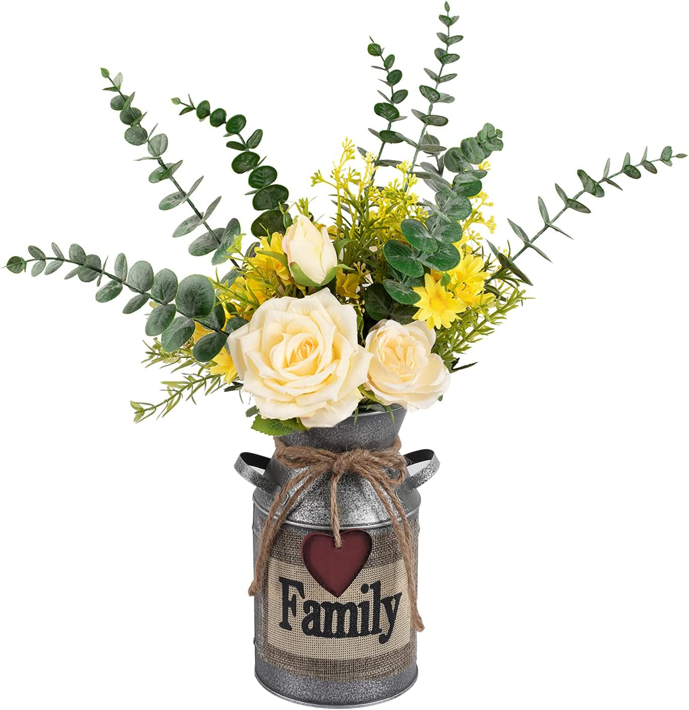 Metal Flower Vase Milk Can Rustic Style with Rose & Eucalyptus Shabby Chic Metal Vase for Rustic Home Dining Table Centerpieces Decor (Yellow, 1)