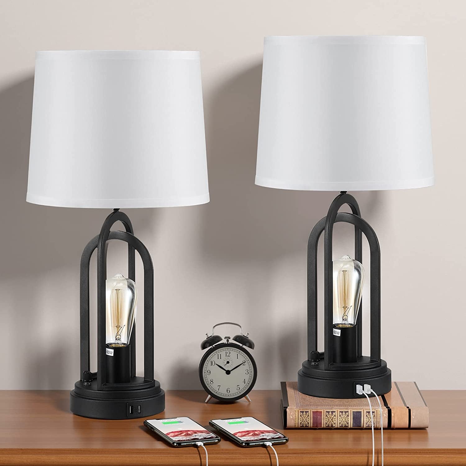 Farmhouse Table Lamps for Living Room Set of 2, Bedside Lamps with Dual USB Ports, 3-Way Brightness Retro Charging Lamp for Bedroom,  Industrial Nightstand Lamp with Nightlight (Bulbs Included)