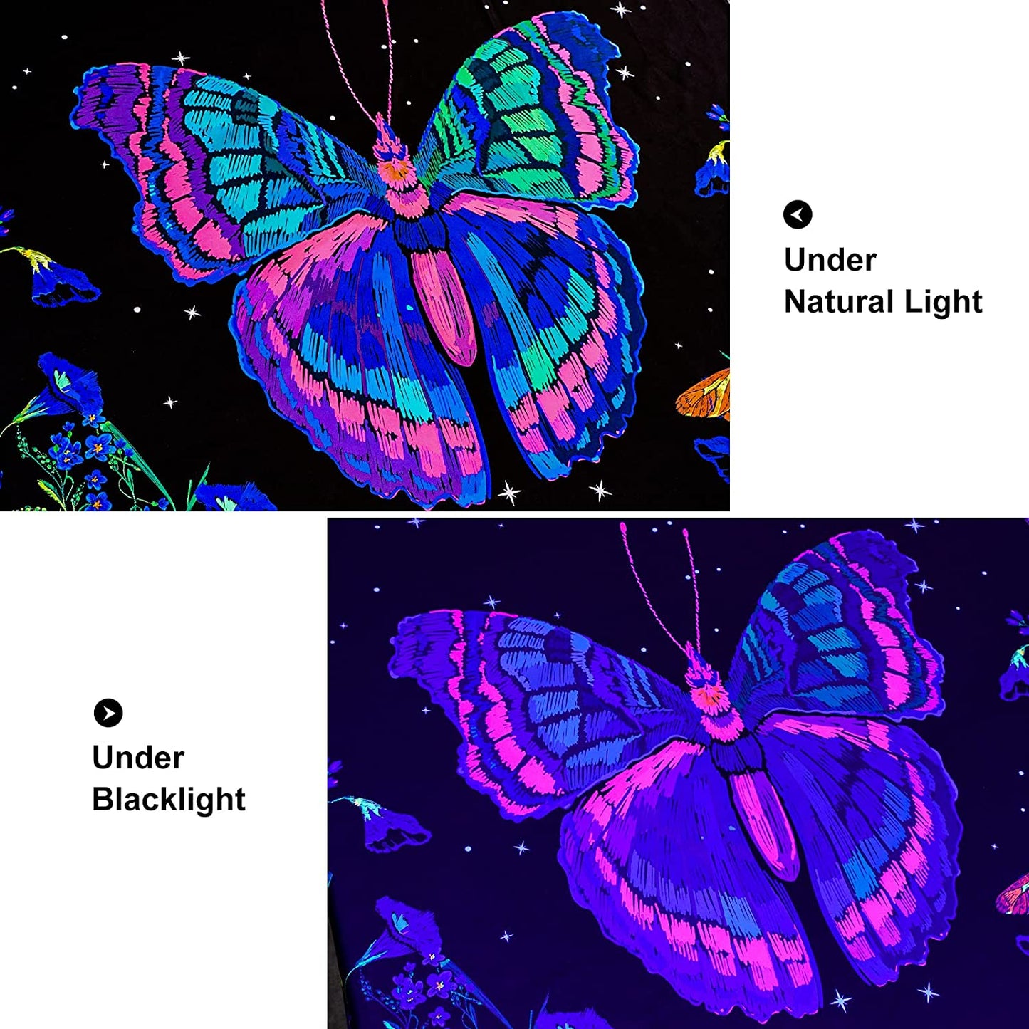 Blacklight Butterfly Tapestry, Moonlit Garden Black Light Wall Tapestry Butterflies Flower Moon Aesthetic Tapestry Wall Hanging for Bedroom (48 X 63 Inches)