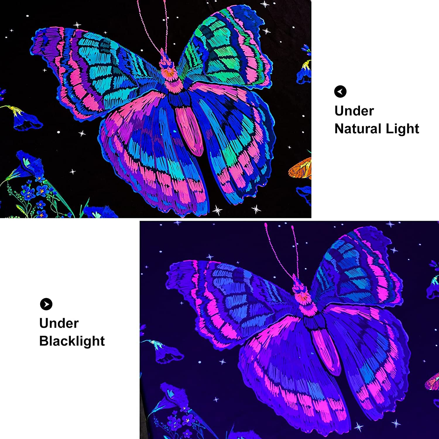 Blacklight Butterfly Tapestry, Moonlit Garden Black Light Wall Tapestry Butterflies Flower Moon Aesthetic Tapestry Wall Hanging for Bedroom (48 X 63 Inches)