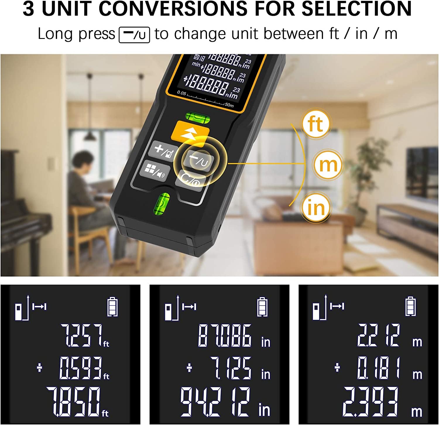 Laser Tape Measure - 165Ft Laser Measurement Tool Ft/In/M Unit Switching, High Accuracy Digital Tape Measure with Backlit LCD and 2 Bubble Levels, Waterproof Laser Measure Distance, Area, Volume (50M)