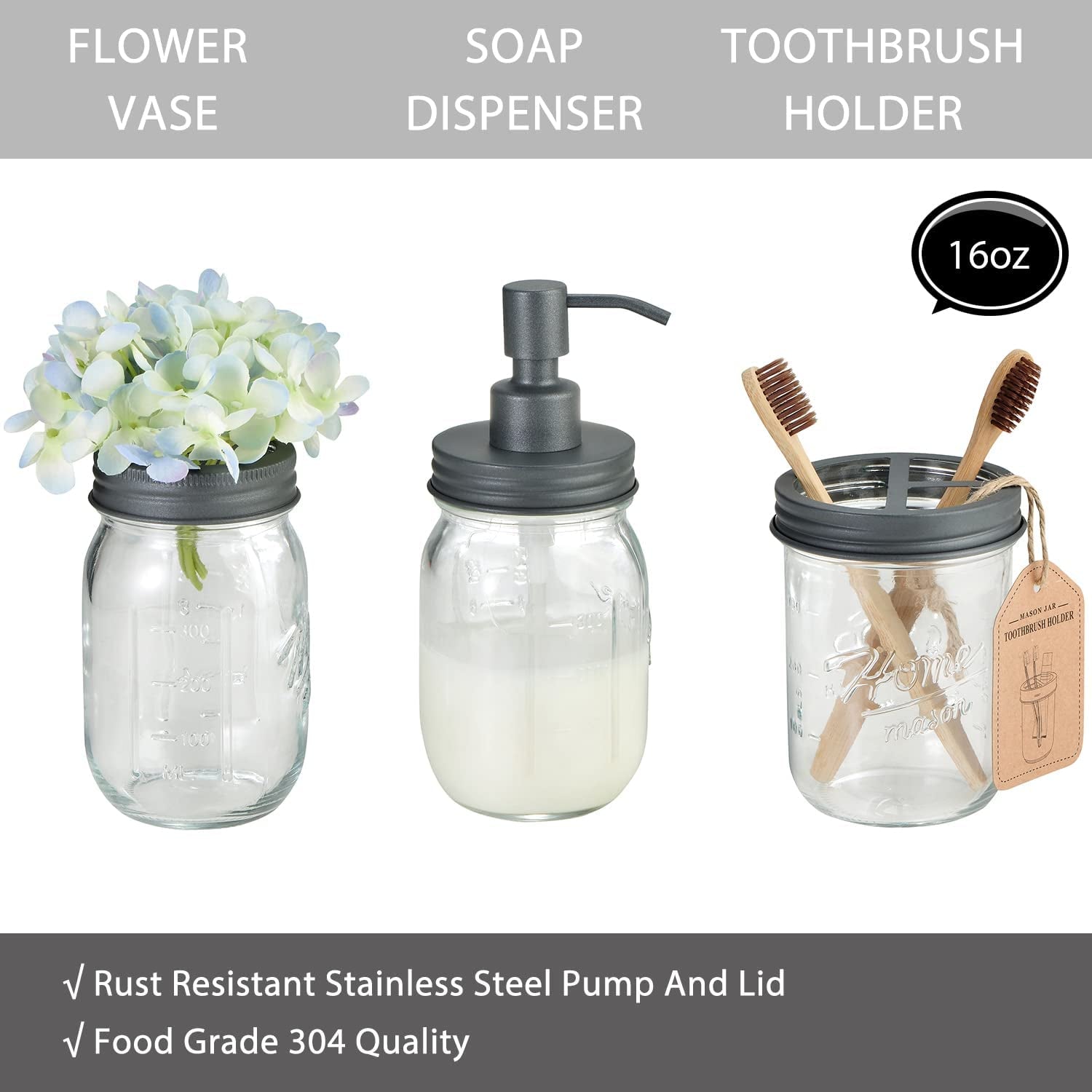 Mason Jar Bathroom Accessories Set 8 Pcs - Lotion Soap Dispenser,Toothbrush Holder,2 Apothecary Jars, Flower Vase,Soap Dish,Vanity Tray,Toilet Paper Holder Storage Bin,Farmhouse Decor (Gray)