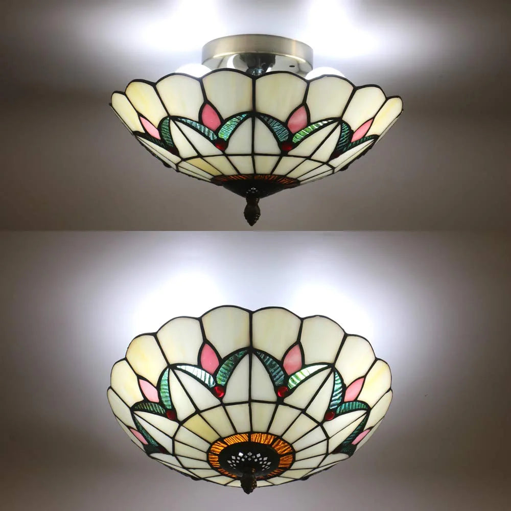 12 Inch Vintage Chandeliers Light Tiffany Style Ceiling Light Fixture Stained Glass Flower Flush Mount Ceiling Lighting Fixtures Lamps