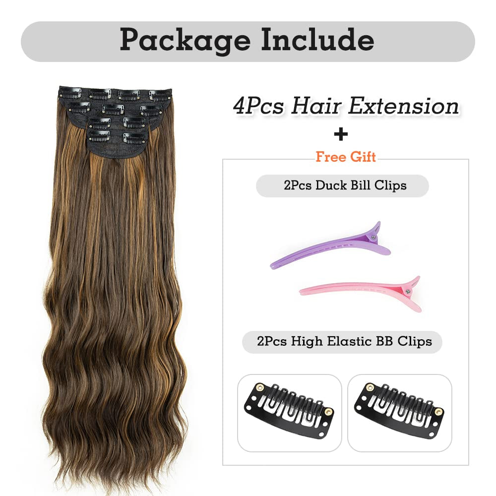Clip in Hair Extensions 4Pcs Set Curly Wave 24 Inch Long Hair Extension Clip Ins Balayage,Wavy Hair Extensions for Women Synthetic Clip on Extension