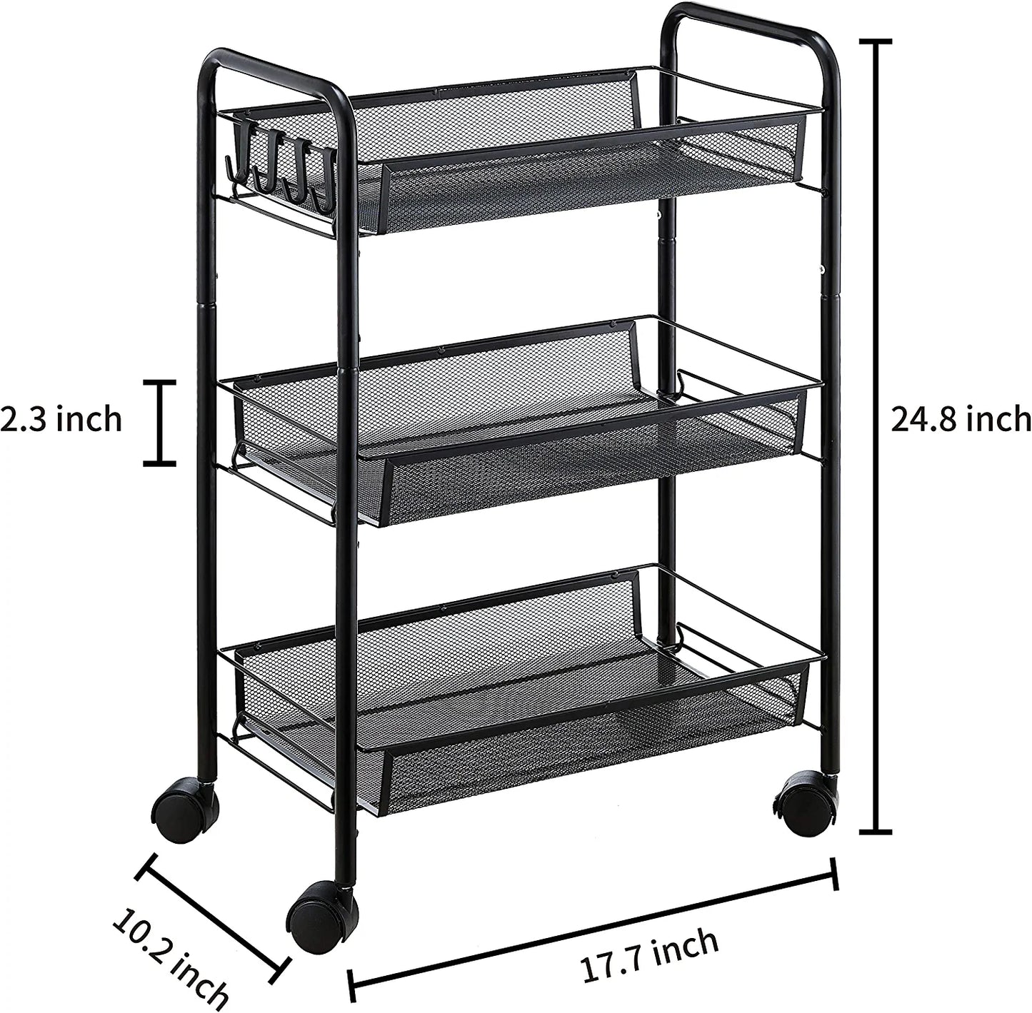3-Tier Rolling Utility Storage Rack Cart on Wheels, Trolley Craft Cart, Multi-Purpose Organizer Shelf, Black