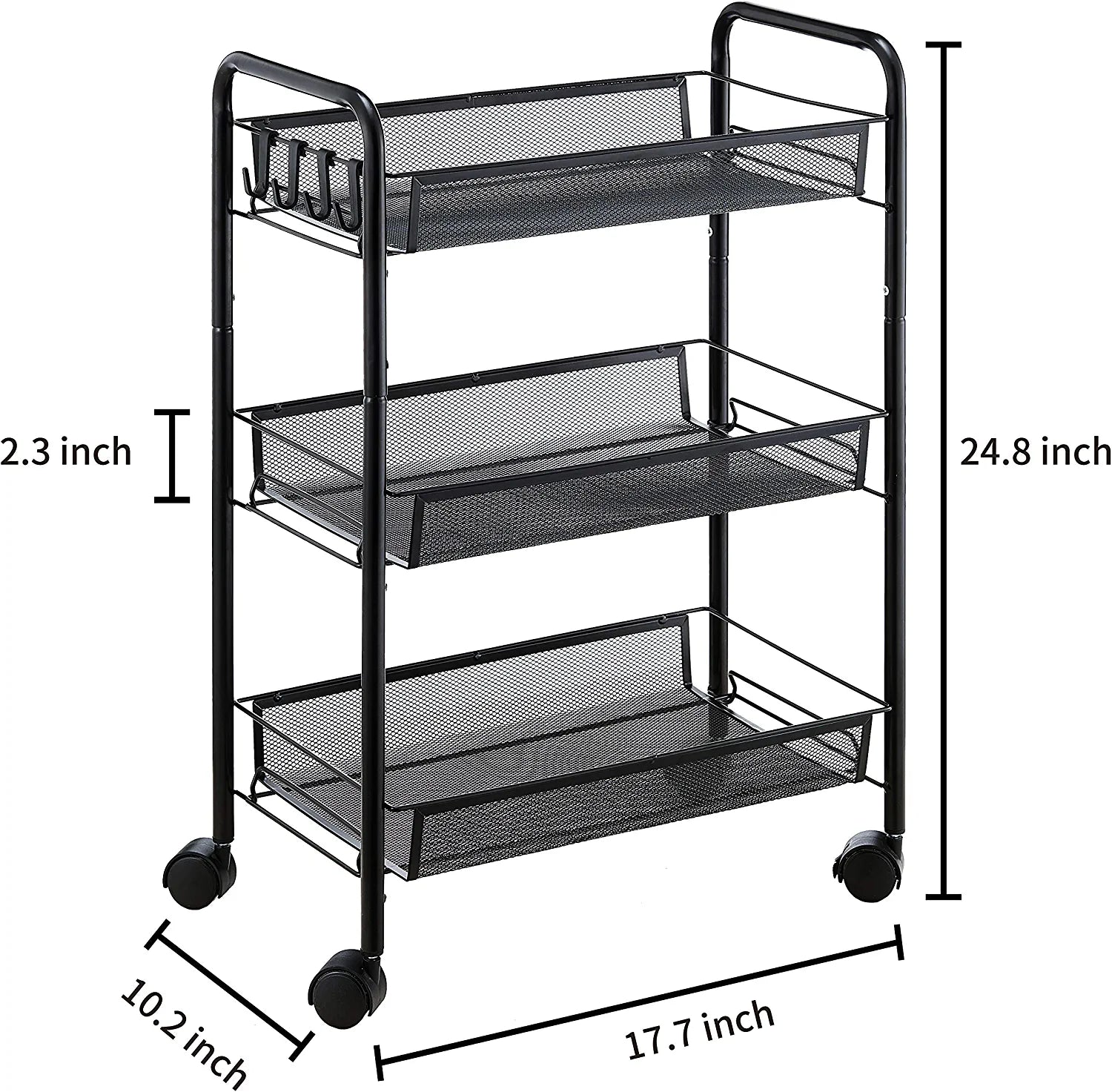 3-Tier Rolling Utility Storage Rack Cart on Wheels, Trolley Craft Cart, Multi-Purpose Organizer Shelf, Black