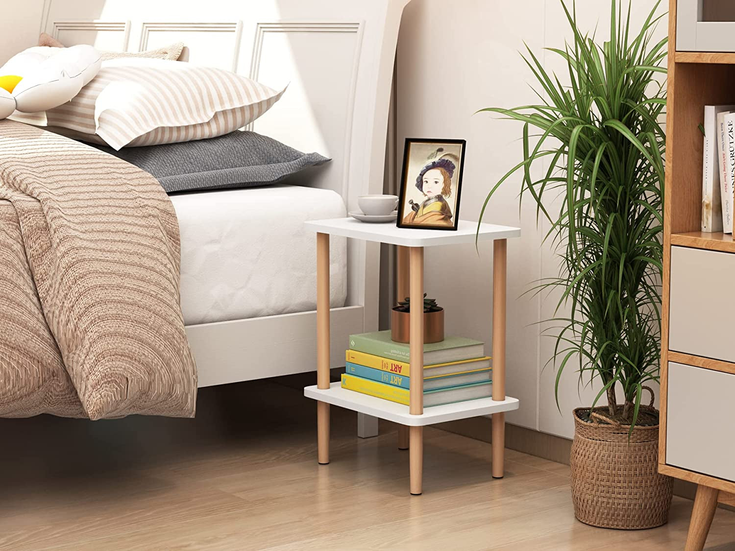 Side Tables Set of 2, Tall End Tables with Storage Rack, Wooden Nightstands Bedside Tables for Living Room Bedroom Office No-Tool Assembly (White).
