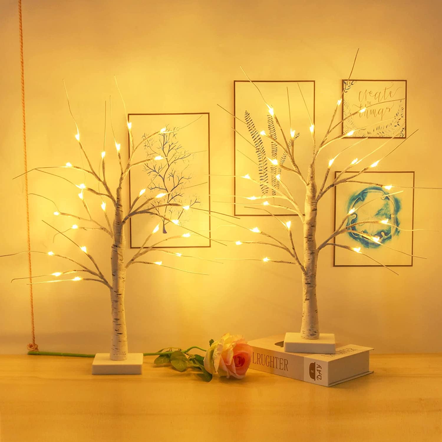 2-Pack 2FT Lighted Birch Tree for Tabletop, Birch Christmas Tree with Lights, Warm White 48 Leds Birch Tree Light for Christmas Decorations Indoor Bedroom Home Wedding Holiday Thanksgiving Gifts