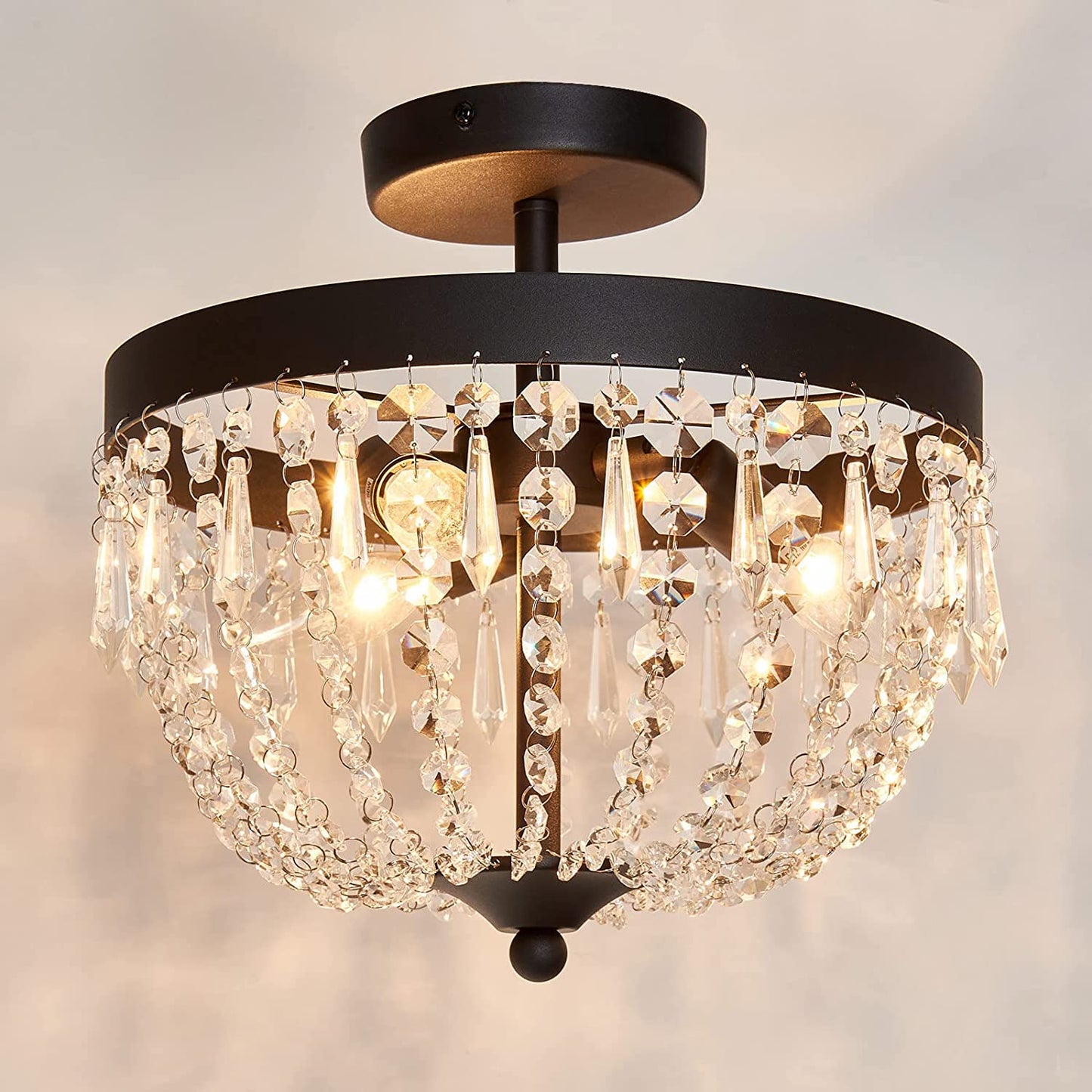 3-Light Semi Flush Mount Ceiling Light，Black Antique Modern Crystal Chandelier Fixture，Ceiling Lighting for Closet Bedroom Hallway Kitchen Dining Room Bathroom