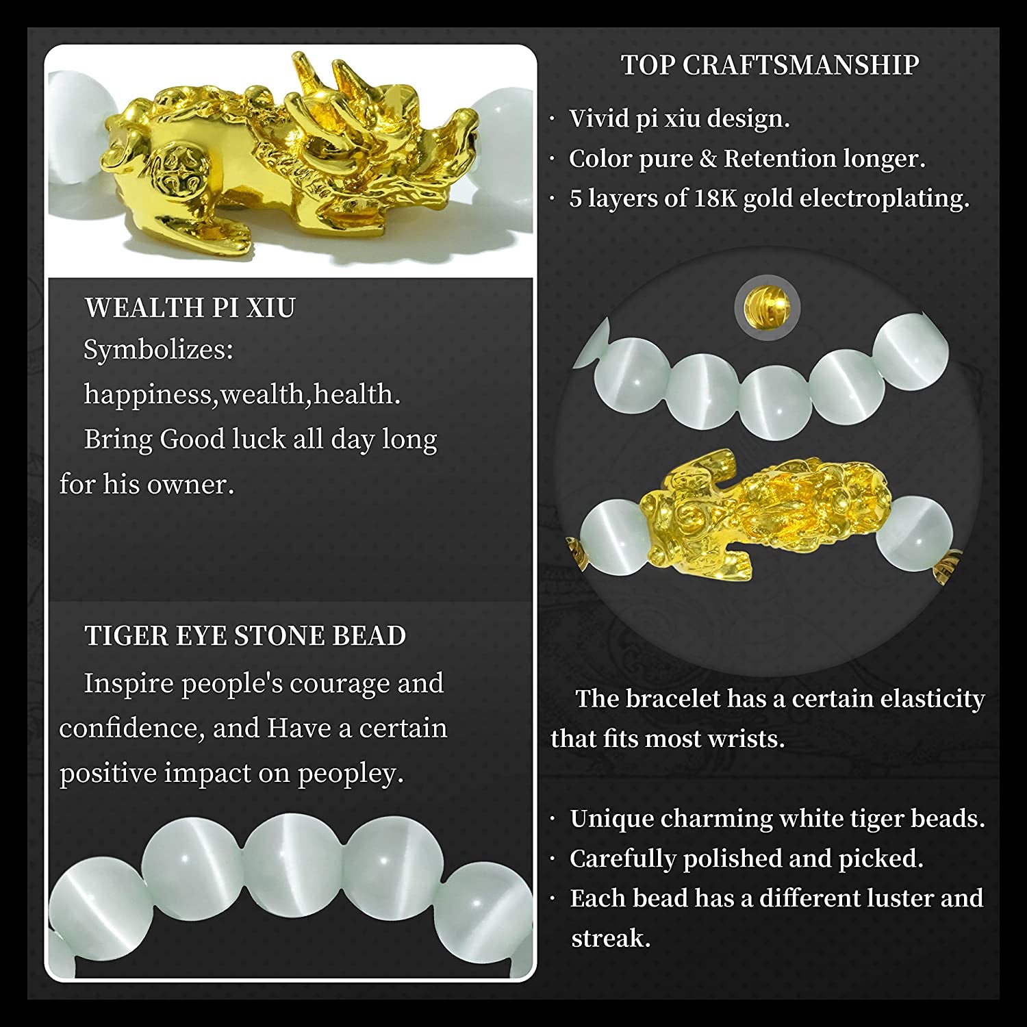 Feng Shui Bracelet for Women Natural Tiger Eye Bracelet 18K Gold Plated Pixiu Bracelet Yoga Mala Beads Good Luck Friendship Bracelets for Women