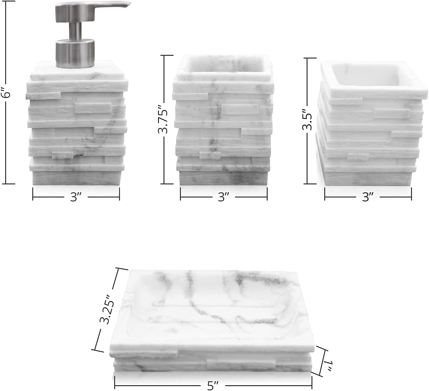 4-Piece Bathroom Accessories Set – Soap Dispenser, Toothbrush & Toothpaste Holder, Soap Dish and Tumbler – Elegant Design with Marble Effect – Durable and Sturdy Bathroom Set
