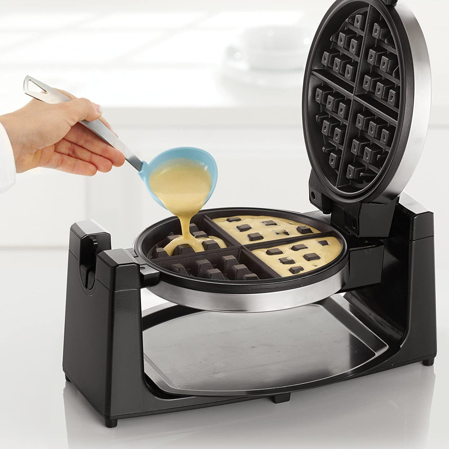 Classic Rotating Non-Stick Belgian Waffle Maker, Perfect 1" Thick Waffles, PFOA Free Non Stick Coating & Removeable Drip Tray for Easy Clean Up, Browning Control, Stainless Steel
