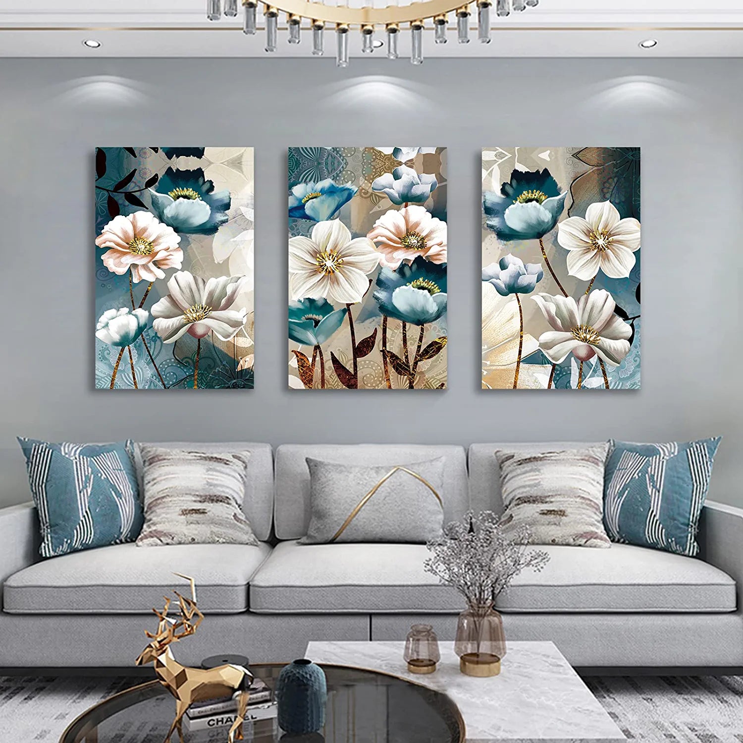 Lotus Flower Canvas Wall Decor Living Room White and Indigo Blue Floral Picture Wall Art for Dining Room Bedroom Bathroom Kitchen Prints Paintings for Home Decorations