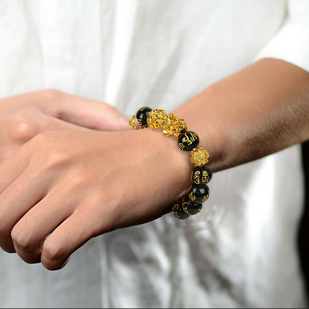 Feng Shui Black Obsidian Beads Bracelet Attract Wealth & Good Luck Bangle Pixiu
