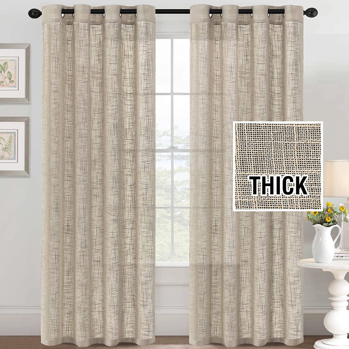 Linen Curtains Natural Linen Blended Curtains for Living Room Burlap Linen Textured Curtains Light Filtering Nickel Grommet Curtains Bedroom Curtains 2 Panel Sets Privacy Added, 52" X 84", Angora