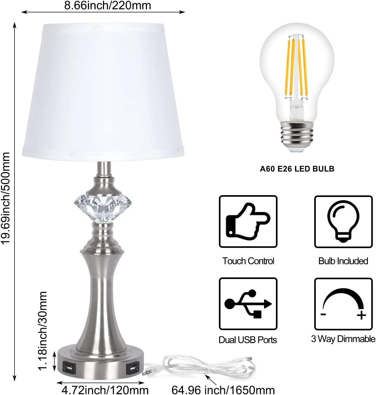 Modern Dimmable Table Lamps for Living Room Set of 2, 20" Touch Control Bedside Lamp with USB Charging Ports, Farmhouse Lamp for Nightstand with Fabric Shade for Bedroom, Bulbs Included(5000K)