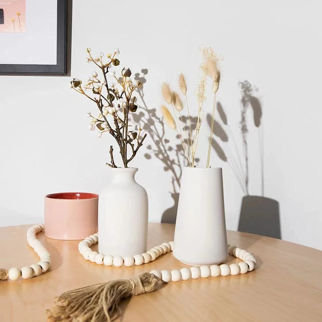 Set of 2- Classic White Ceramic Vases, Tall Vases for Flowers, for Living Room Decorations, Home Decor, Modern Farmhouses, Ideal Shelf, Table, Bookshelf, Mantle, Pampas Grass