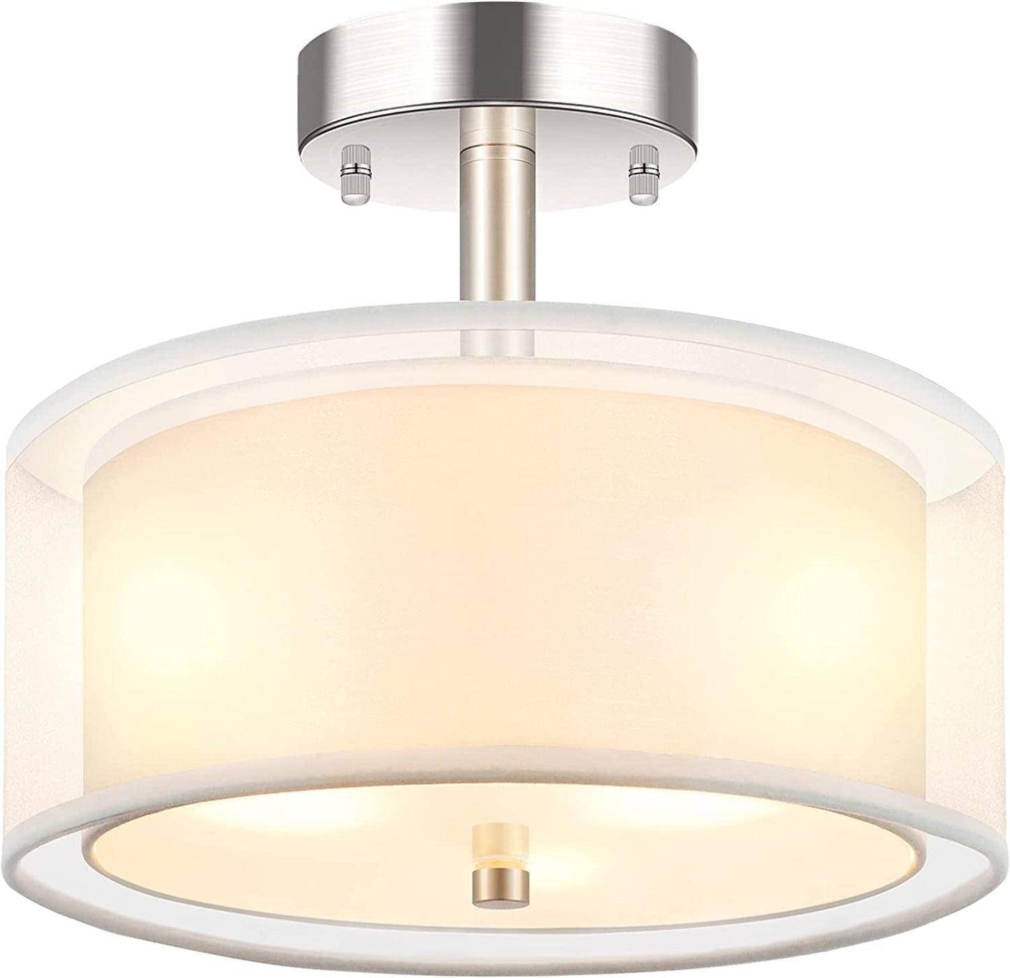 3-Light Semi Flush Mount Ceiling Light Fixture, Drum Light with Double Fabric Shade, Modern Close to Ceiling Lights for Living Room, Bedroom, Dining Room, Kitchen, Hallway, Entry, Foyer