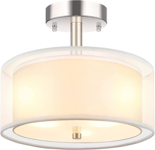 3-Light Semi Flush Mount Ceiling Light Fixture, Drum Light with Double Fabric Shade, Modern Close to Ceiling Lights for Living Room, Bedroom, Dining Room, Kitchen, Hallway, Entry, Foyer