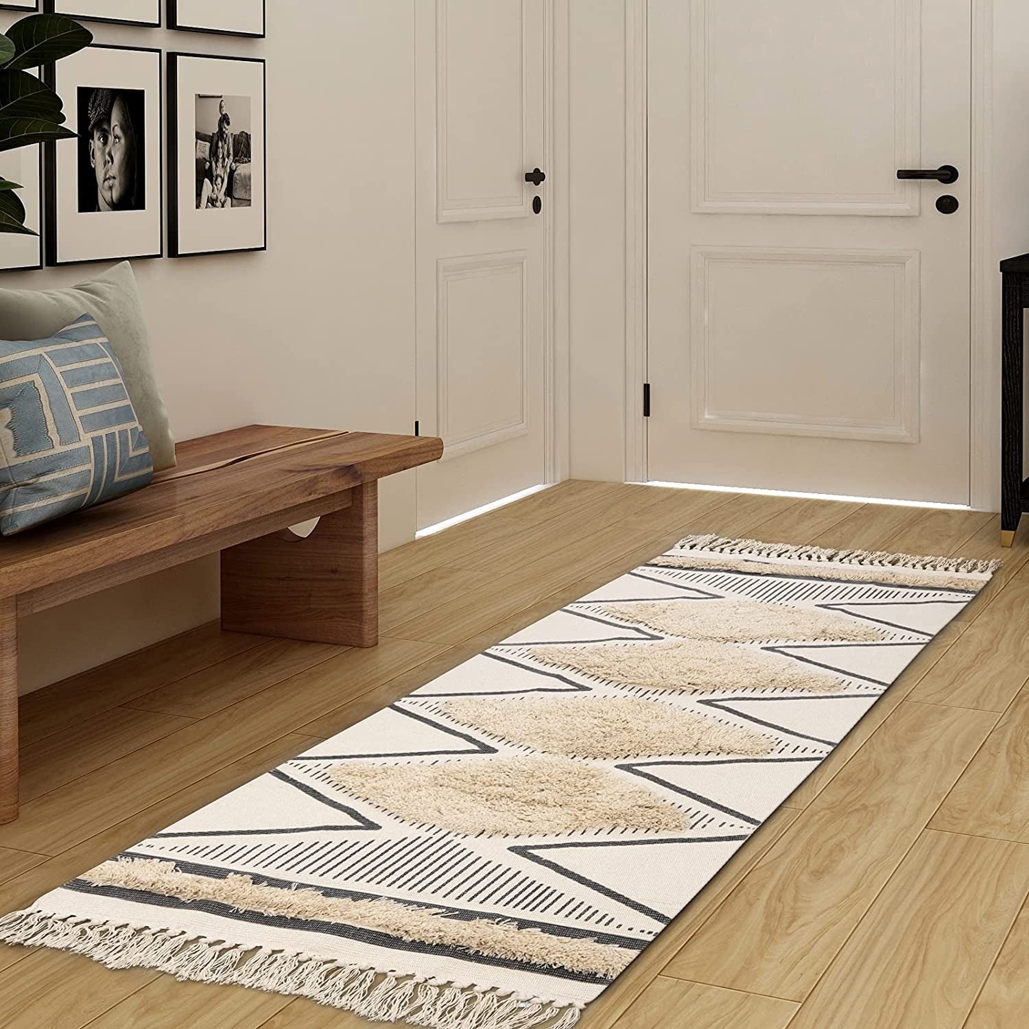 Kitchen Runner Rug 2' X 5', Washable Tufted Cotton Hallway Rugs with Tassels Farmhouse Woven Tribal Geometric Shag Throw Boho Area Rug for Laundry Room/Entryway/Bedroom