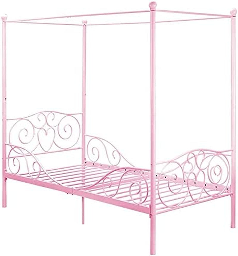 Metal Canopy Kids Platform Bed with Four Poster Design, Scrollwork Headboard and Footboard, Underbed Storage Space, No Box Sring Needed, Twin, Pink