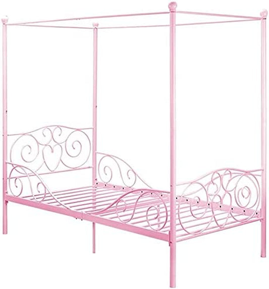 Metal Canopy Kids Platform Bed with Four Poster Design, Scrollwork Headboard and Footboard, Underbed Storage Space, No Box Sring Needed, Twin, Pink