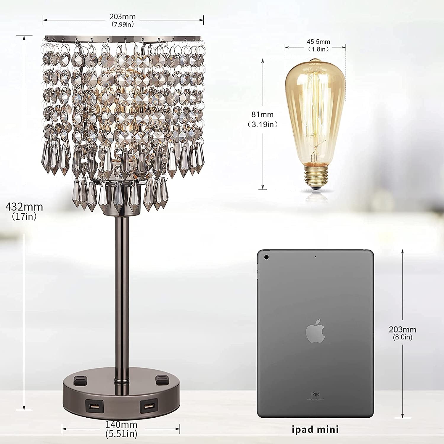 Black Crystal Table Bedside Lamp,Touch Control & 3-Way Dimmable, Small Nightstand Lamp with 2 USB Charging Ports and Outlets, Decorative Tabletop Lamp for Bedroom, Living Room-Bulb Included